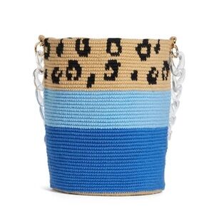 Soraya Hennessy $250 MSRP Animal Print Crochet Blue Tan Bucket Bag Shoulder Bag
